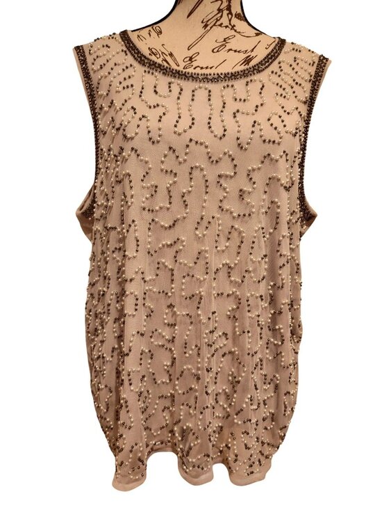 Jennifer Lopez Tops - Jennifer Lopez XL Beaded Sleeveless Blouse Beige Polyester Blend Elegant Design